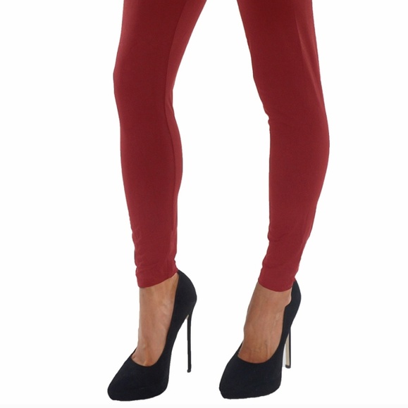 casual leggings comfy elastic waist soft everyday wear full length burgundy - Picture 3 of 3